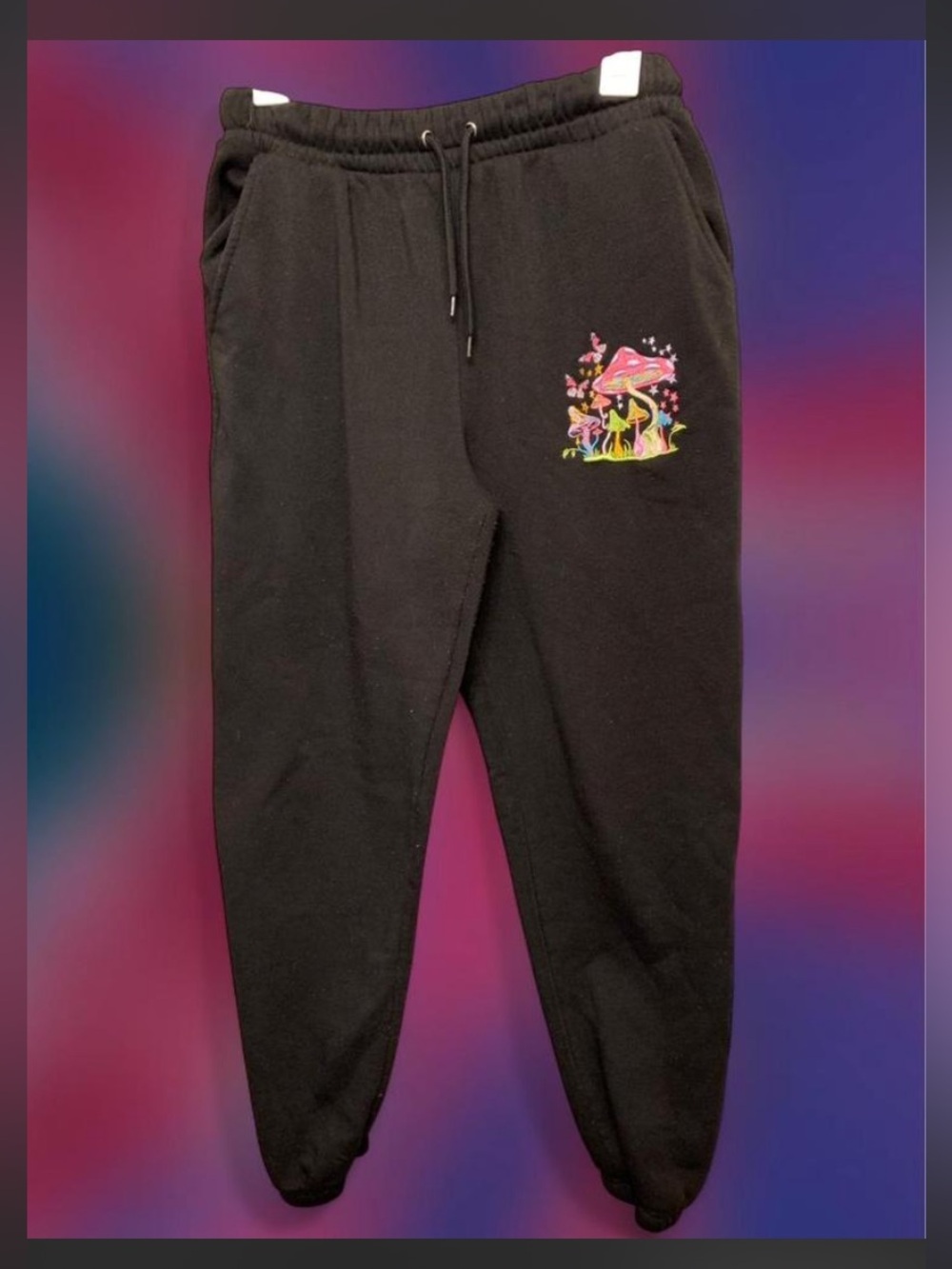 Mushroom Decal Embroidered Pscyehdlic Rue 21 black sweatpants. Size M.